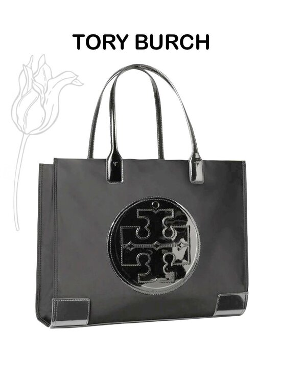 Tory Burch Handbags - Tory Burch MINI ELLA Nylon/Patent Logo Tote Bag Black